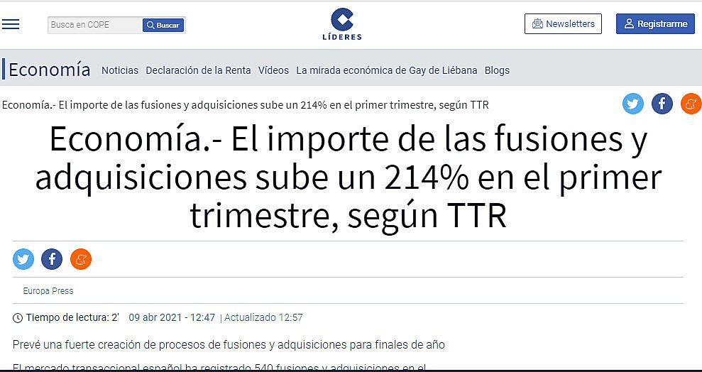 El importe de las fusiones y adquisiciones sube un 214% en el primer trimestre, segn TTR